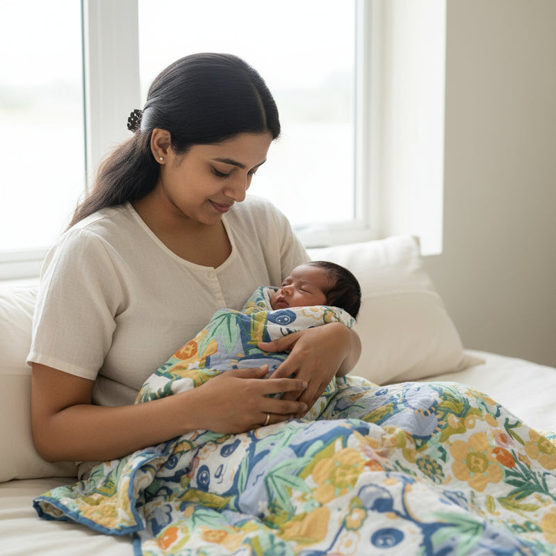 Baby Look 10-Layer Soft Muslin Cotton Baby Blanket – “Panda Garden” Reversible Cartoon Design | Ultra-Breathable, Gentle & Machine Washable (0–5 Years)