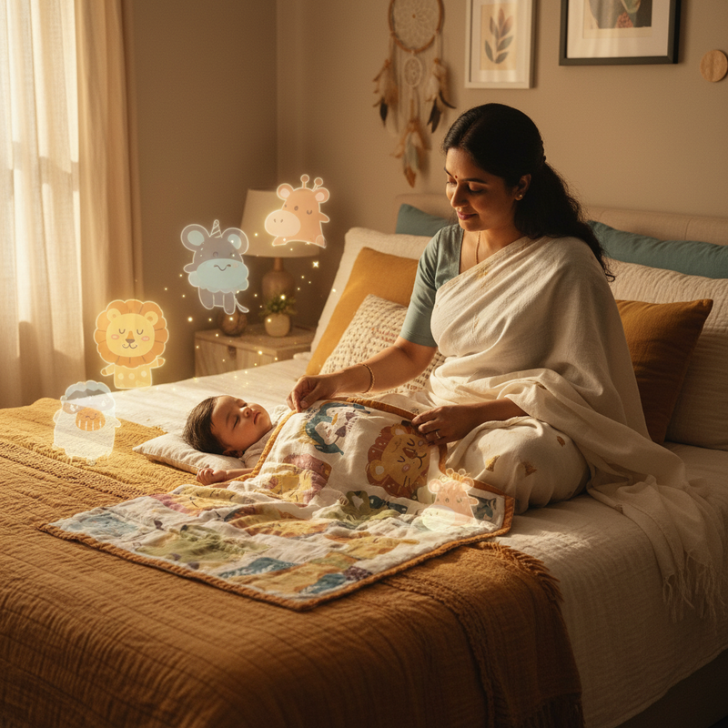 Baby Look 10-Layer Ultra Soft Muslin Cotton Baby Blanket | Large 95×120 cm | Cute Animal Cartoon Print | All-Season Newborn Blanket for Boys & Girls (0–5 Years)