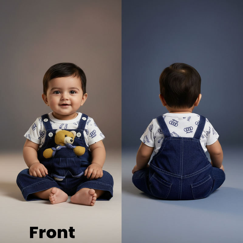 Baby Boy Denim Dungaree Set with Teddy Patch & Printed T-Shirt – Cute Outfit (6–12 Months)