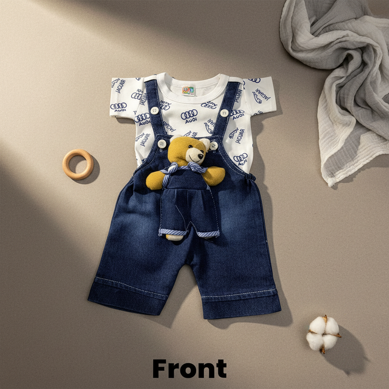 Baby Boy Denim Dungaree Set with Teddy Patch & Printed T-Shirt – Cute Outfit (6–12 Months)