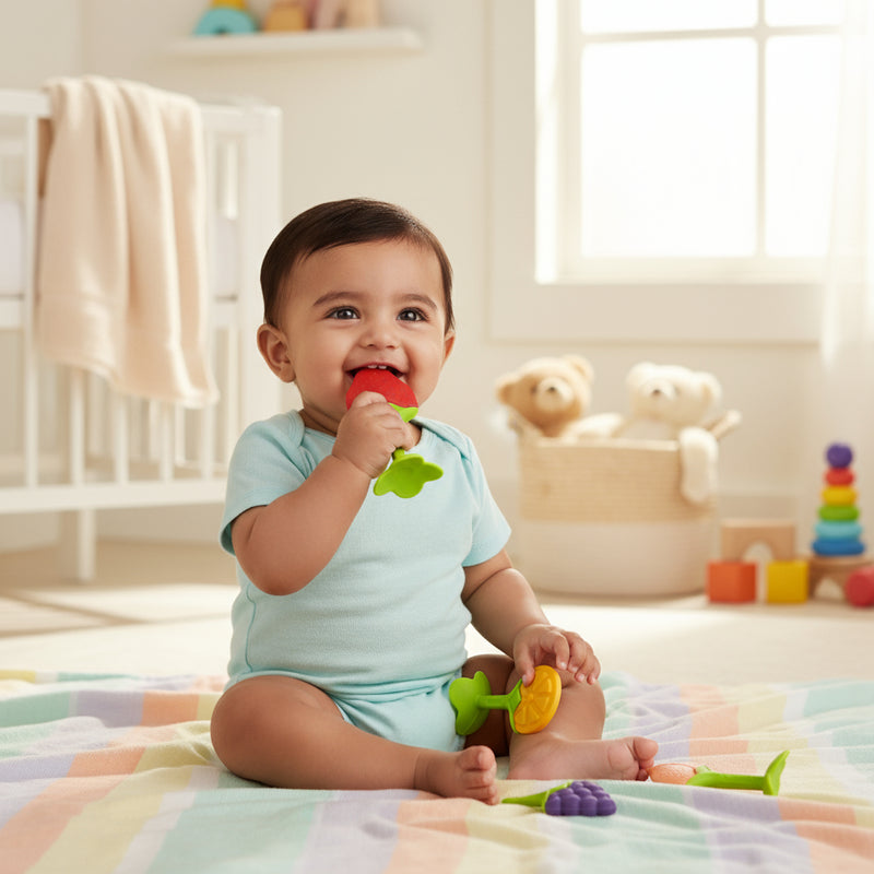The Baby Look 4-in-1 Colorful Fruit Silicone Teether Set – Soft BPA-Free Toy for Safe Teething Relief (0–12 Months)