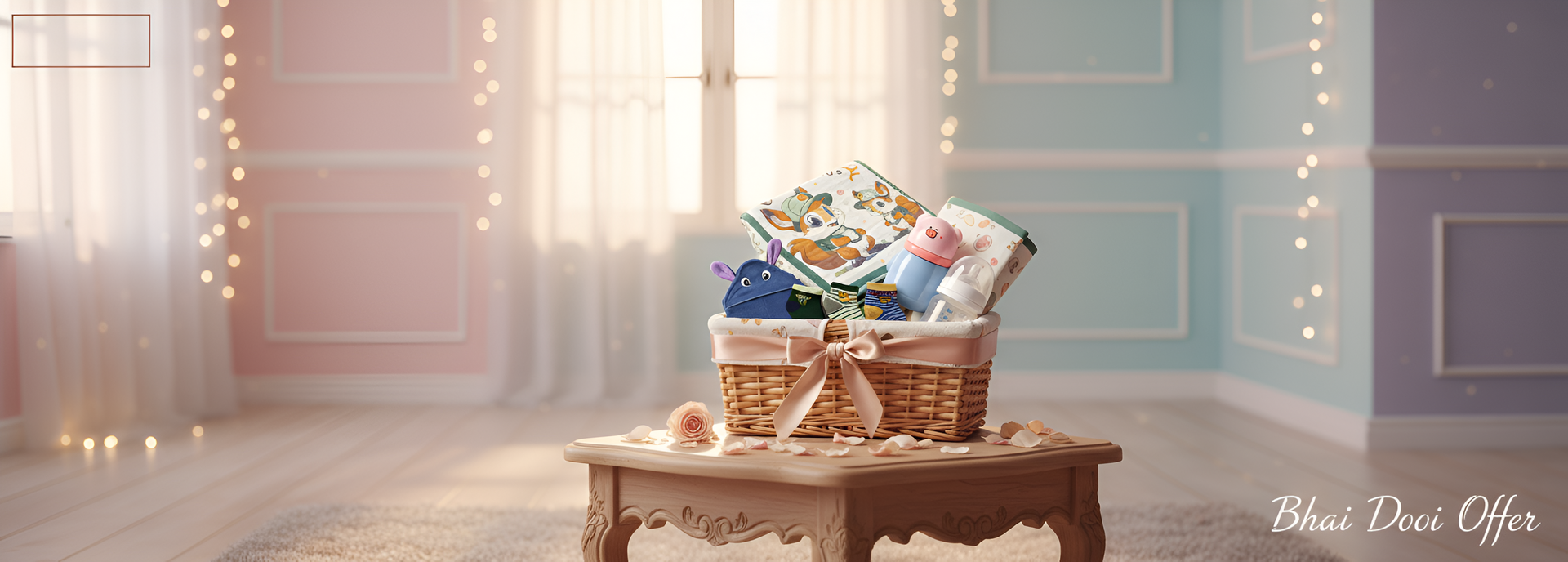 Wicker basket with baby items on a wooden table in a softly lit room.