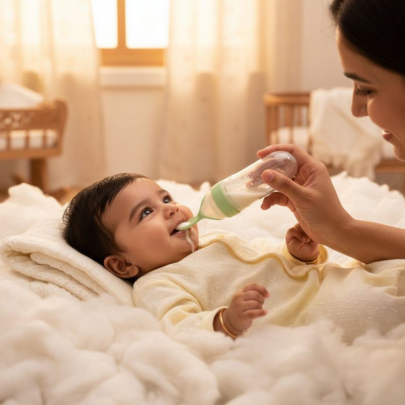 The Baby Look Soft Silicone Spoon Feeding Bottle for Babies (BPA-Free, 120ml) | Food-Grade Silicone Baby Feeder with Spoon Tip – Green Color (4+ Months)