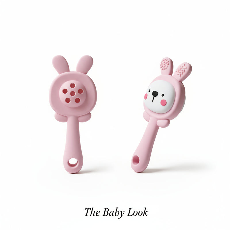 The Baby Look Pink Bunny Hug Silicone Teether Rattle for Newborns & Infants  BPA-Free Soft Grip Toy for Teething & Learning (0–12 Months)
