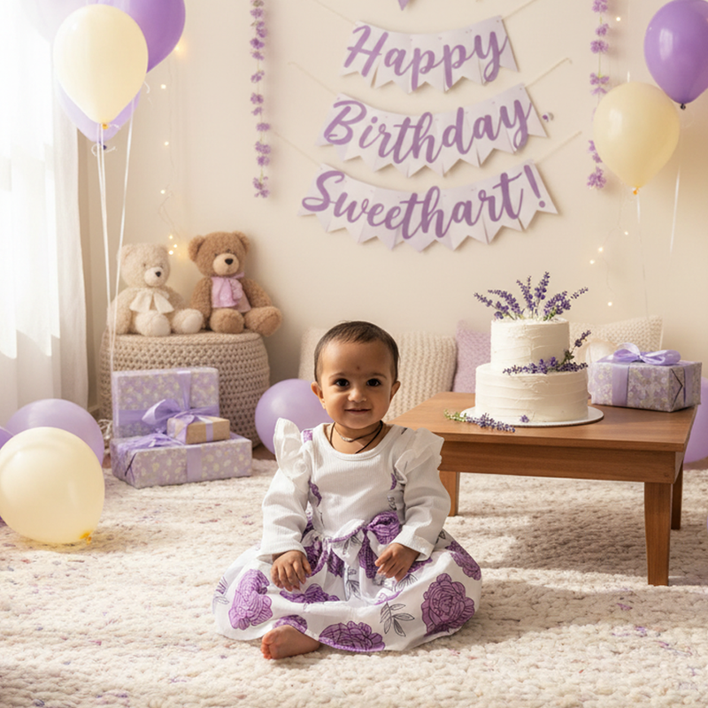 Baby Look Baby Girl Purple Floral Bow Frock Set – 2-Piece Outfit (6–12 Months)