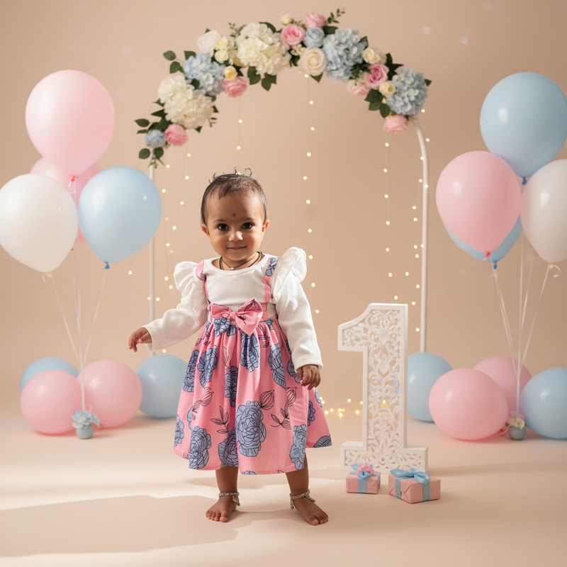 Baby Look Baby Girl Pink Floral Bow Frock Set – 2-Piece Outfit (6–12 Months)