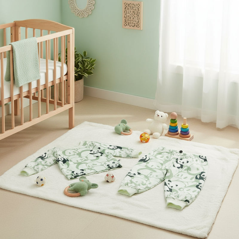 Baby Look Soft Cotton “Panda Dreams” Mint Green Full Sleeve Top & Pant Set – New Baby (00) Size (0–3 Months) | Unisex Cozy Outfit for Infants
